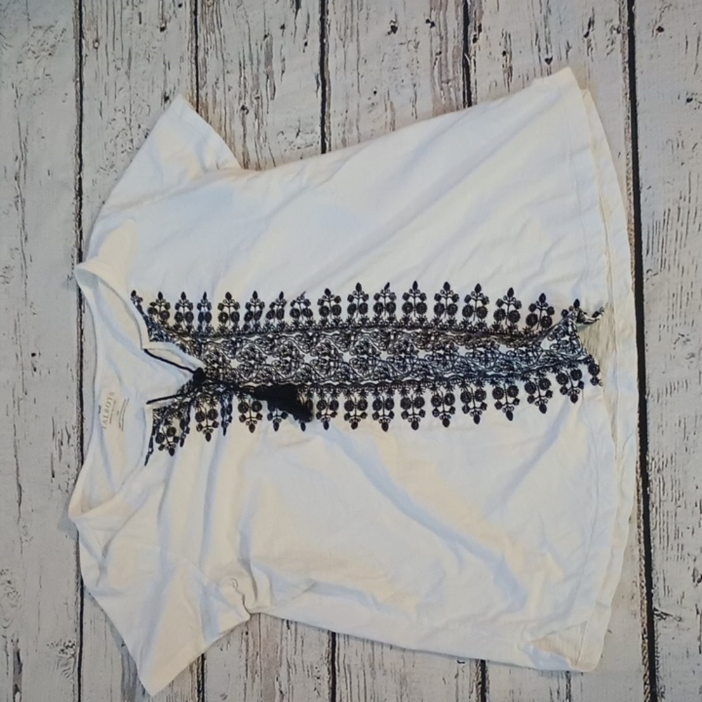 Talbots White Black Embroidered Tie Neck Boho Top XP